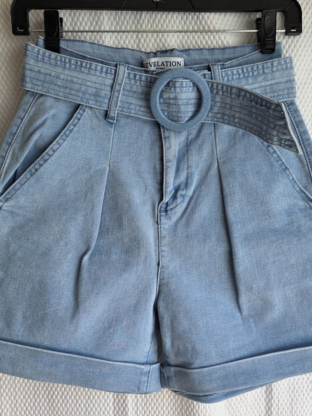 Revelation Light Blue Denim High-Waist Shorts with Belt Size 2